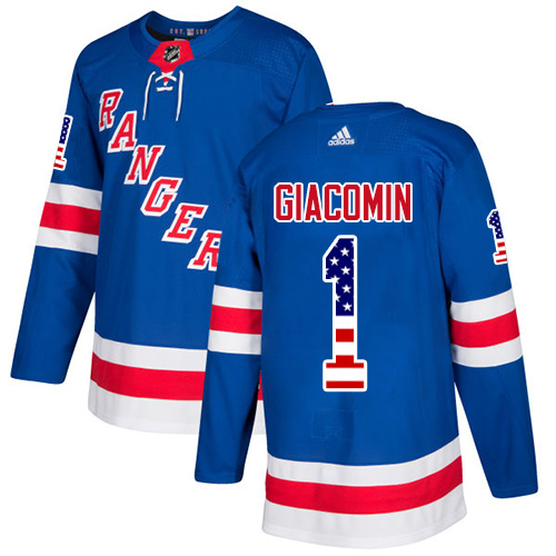 Adidas Rangers #1 Eddie Giacomin Royal Blue Home Authentic USA Flag Stitched NHL Jersey - Click Image to Close